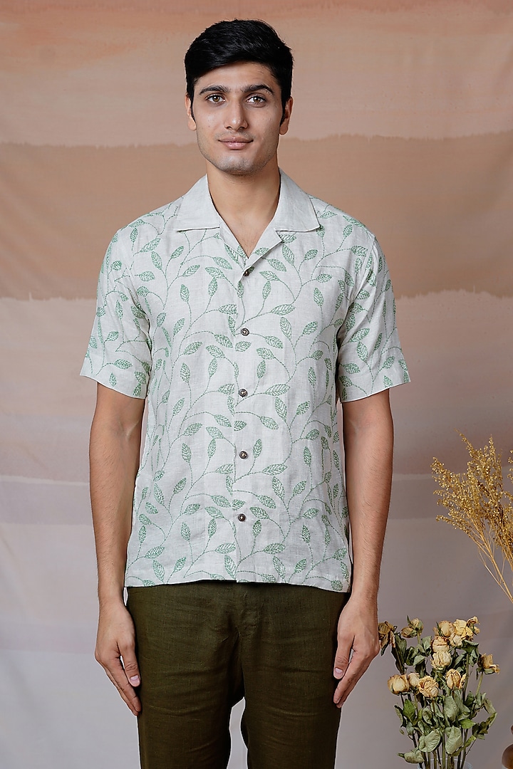 Beige Pure Linen Hand Embroidered Shirt by House of Cultura