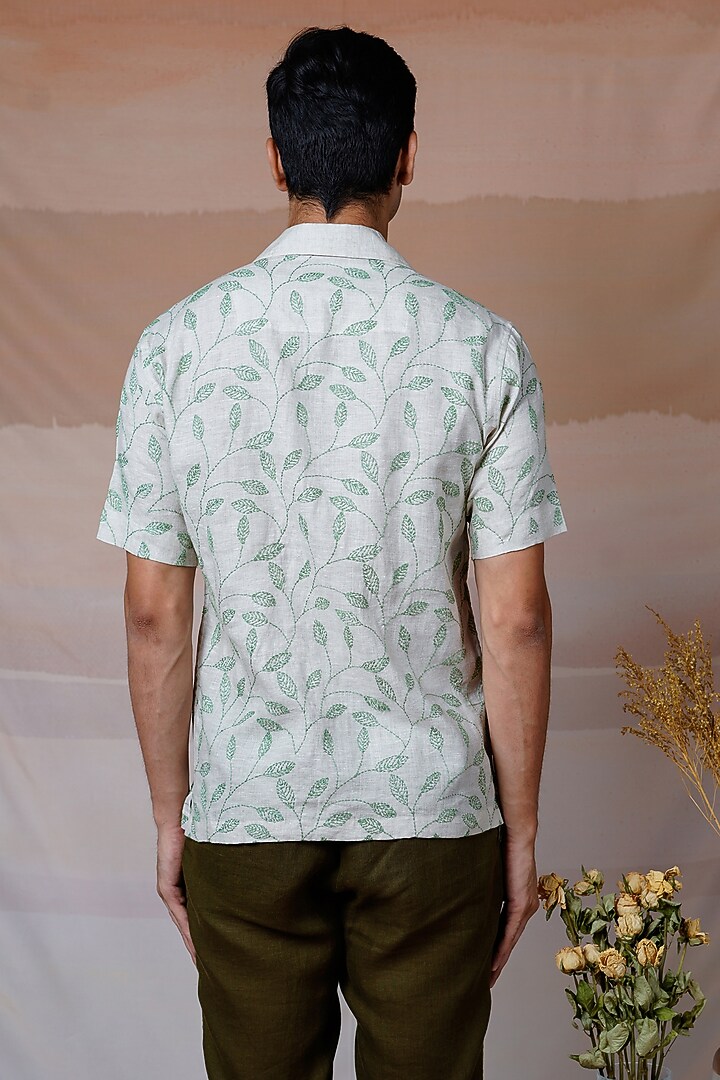 Beige Pure Linen Hand Embroidered Party Wear Shirt by House of Cultura at Pernia's Pop Up Shop