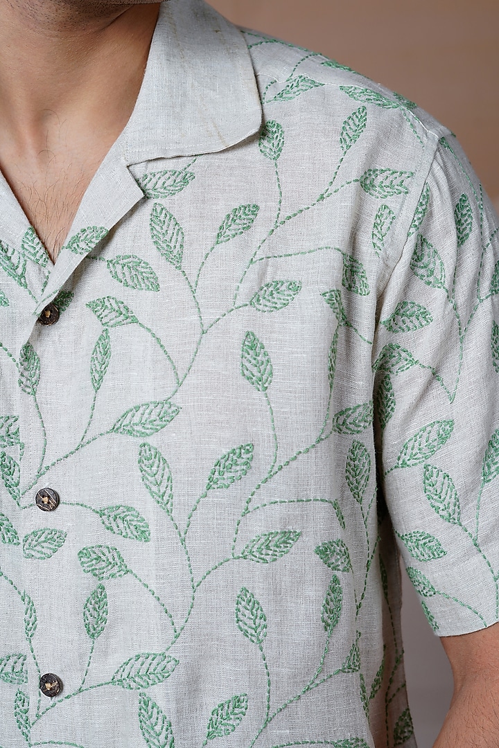 Beige Pure Linen Hand Embroidered Party Wear Shirt by House of Cultura at Pernia's Pop Up Shop