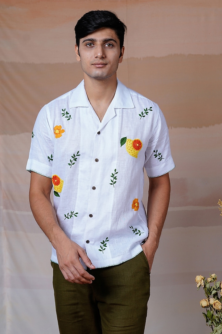 White Pure Linen Hand Embroidered Shirt by House of Cultura at Pernia's Pop Up Shop