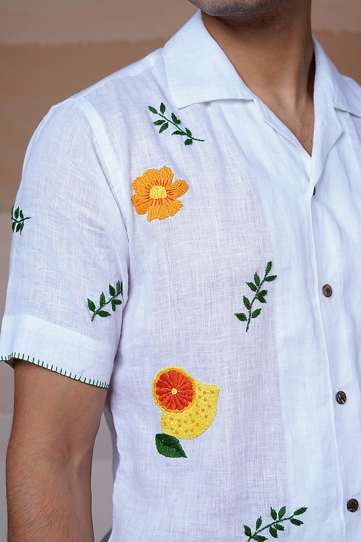 White Pure Linen Hand Embroidered Summer Shirt by House of Cultura at Pernia's Pop Up Shop
