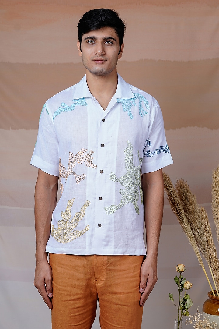 White Pure Linen Hand Embroidered Shirt by House of Cultura