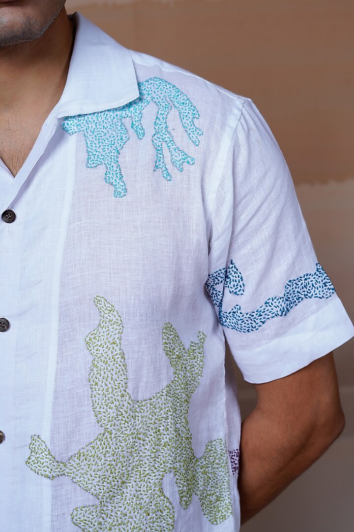 White Pure Linen Hand Embroidered Party Wear Shirt by House of Cultura at Pernia's Pop Up Shop
