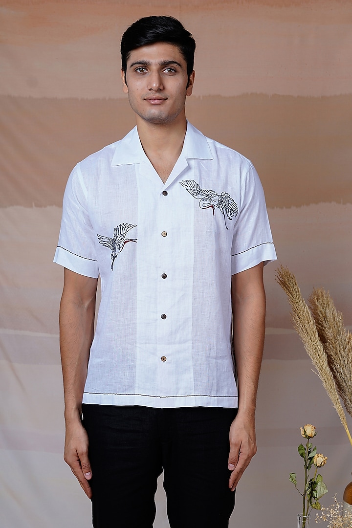 White Pure Linen Hand Embroidered Shirt by House of Cultura at Pernia's Pop Up Shop