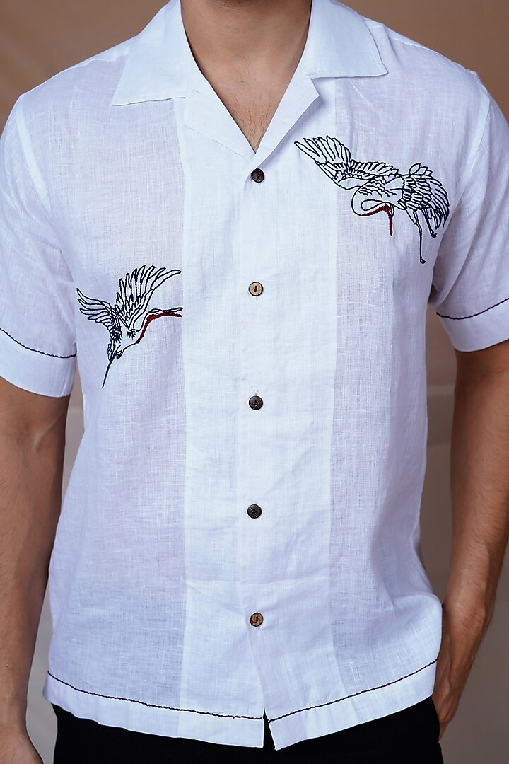 White Pure Linen Hand Embroidered Summer Shirt by House of Cultura at Pernia's Pop Up Shop