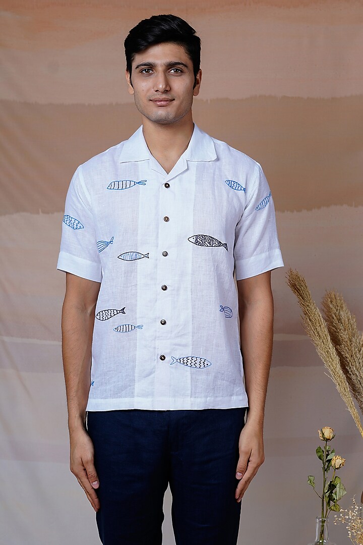 White Pure Linen Hand Embroidered Shirt by House of Cultura at Pernia's Pop Up Shop