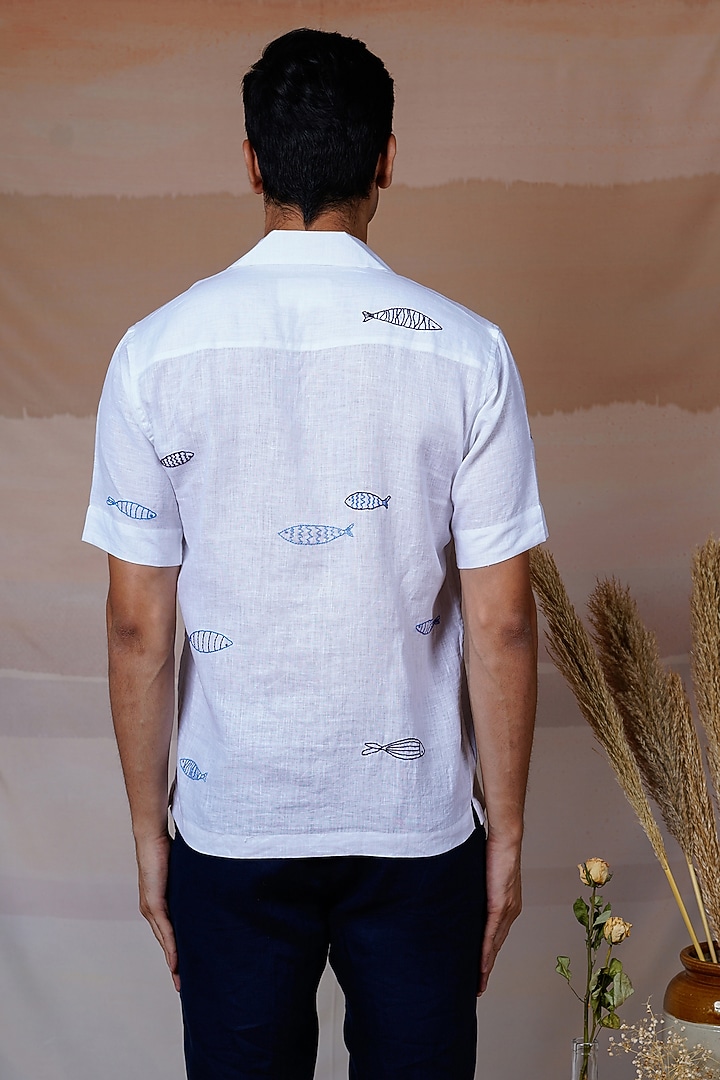 White Pure Linen Hand Embroidered Summer Shirt by House of Cultura at Pernia's Pop Up Shop