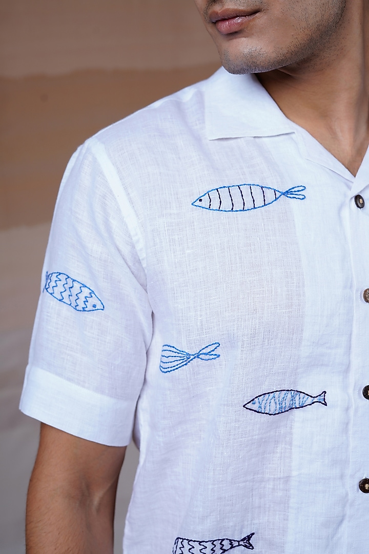 White Pure Linen Hand Embroidered Summer Shirt by House of Cultura at Pernia's Pop Up Shop