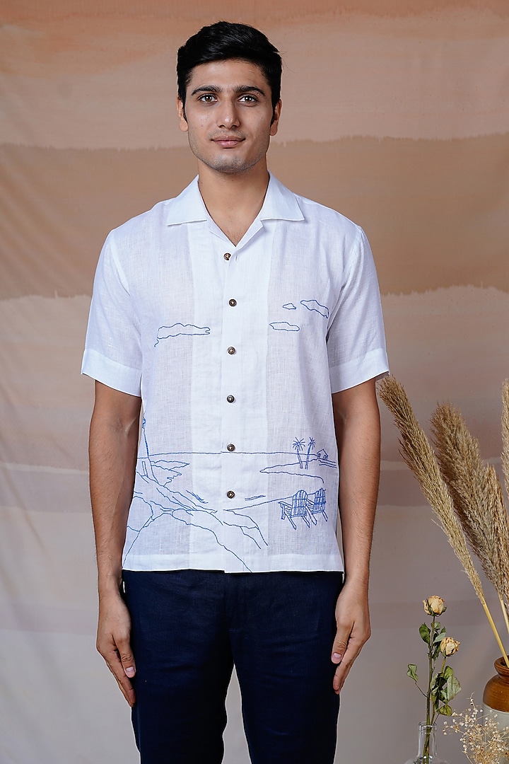 White Pure Linen Hand Embroidered Shirt by House of Cultura at Pernia's Pop Up Shop