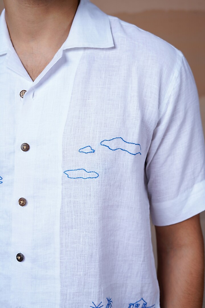 White Pure Linen Hand Embroidered Summer Shirt by House of Cultura at Pernia's Pop Up Shop