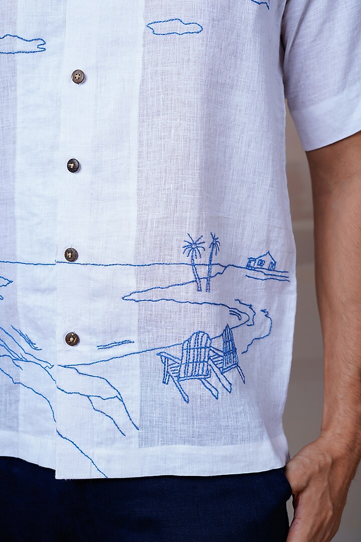 White Pure Linen Hand Embroidered Summer Shirt by House of Cultura at Pernia's Pop Up Shop
