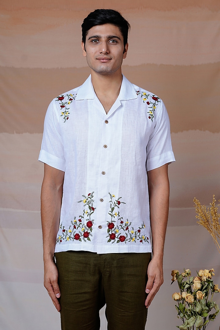 White Pure Linen Hand Embroidered Shirt by House of Cultura