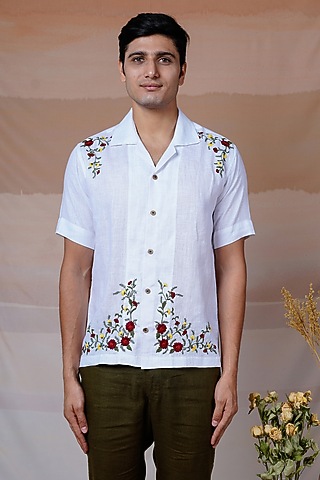 White Pure Linen Hand Embroidered Shirt by House of Cultura