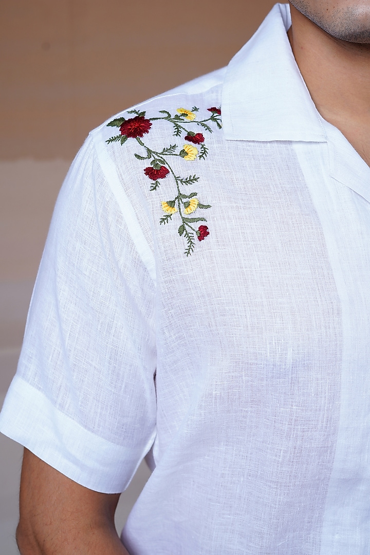 White Pure Linen Hand Embroidered Summer Shirt by House of Cultura at Pernia's Pop Up Shop