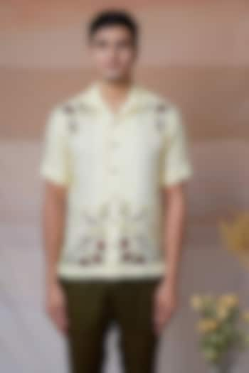 Yellowish Cream Pure Linen Hand Embroidered Shirt by House of Cultura