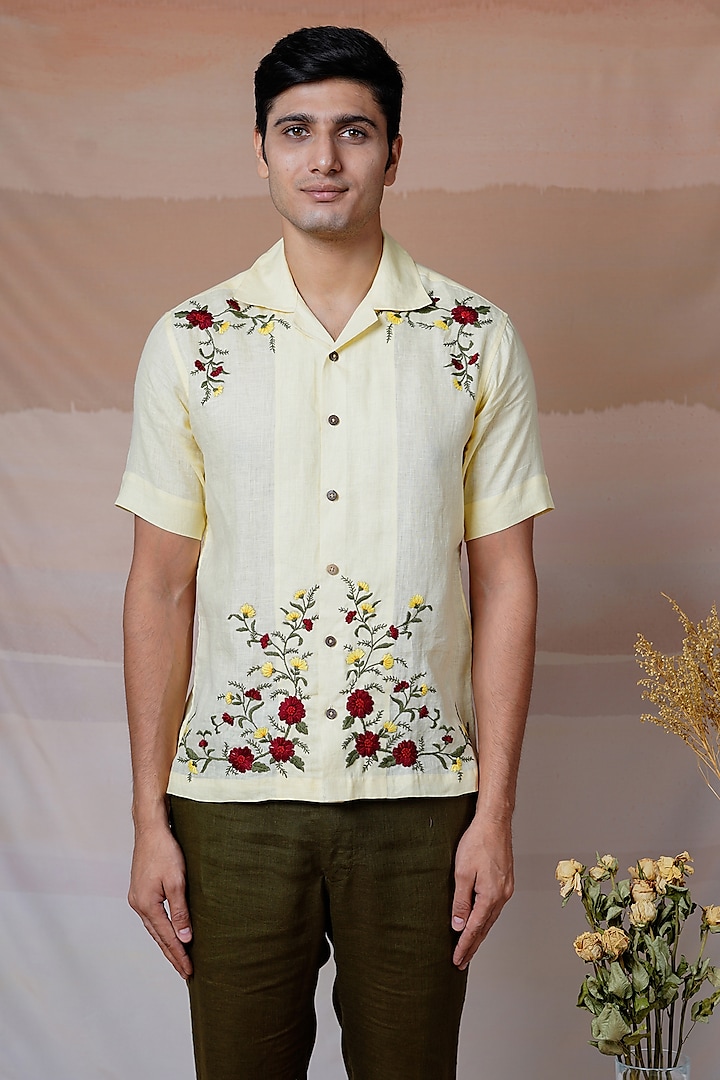 Yellowish Cream Pure Linen Hand Embroidered Shirt by House of Cultura at Pernia's Pop Up Shop