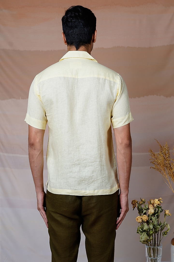 Yellowish Cream Pure Linen Hand Embroidered Summer Shirt by House of Cultura at Pernia's Pop Up Shop