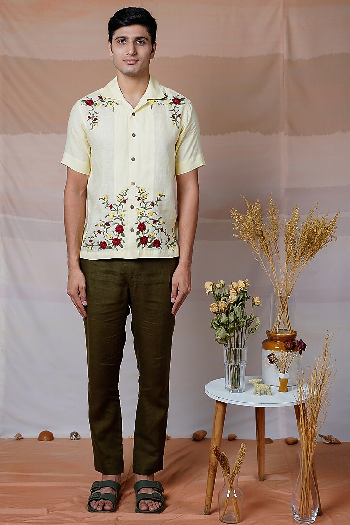 Yellowish Cream Pure Linen Hand Embroidered Summer Shirt by House of Cultura at Pernia's Pop Up Shop