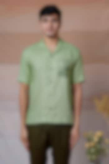 Green Pure Linen Hand Embroidered Shirt by House of Cultura at Pernia's Pop Up Shop