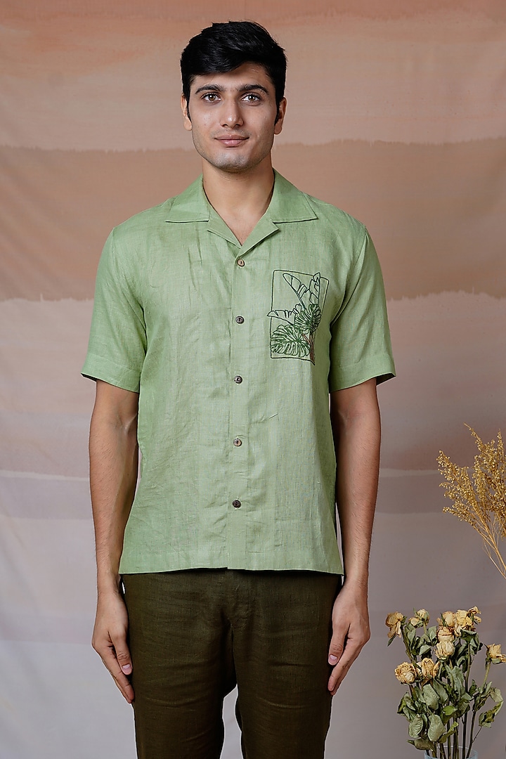 Green Pure Linen Hand Embroidered Shirt by House of Cultura