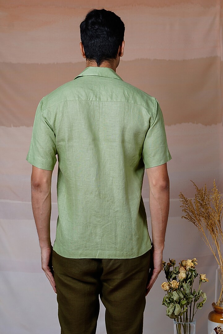 Green Pure Linen Hand Embroidered Summer Shirt by House of Cultura at Pernia's Pop Up Shop