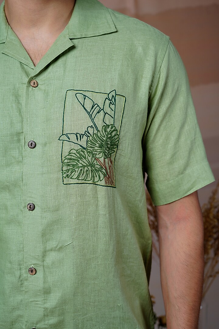 Green Pure Linen Hand Embroidered Summer Shirt by House of Cultura at Pernia's Pop Up Shop