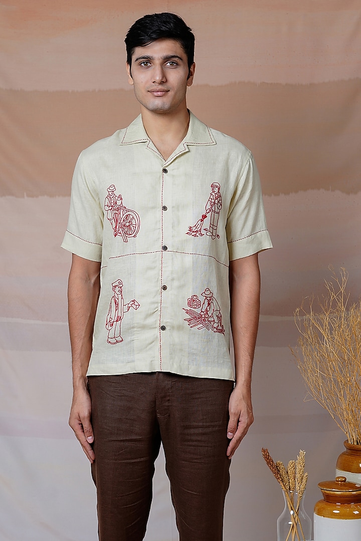 Ivory Pure Linen Hand Embroidered Shirt by House of Cultura