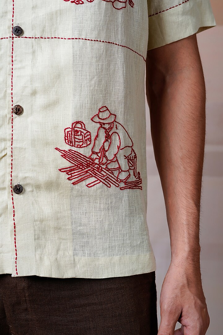 Ivory Pure Linen Hand Embroidered Summer Shirt by House of Cultura at Pernia's Pop Up Shop