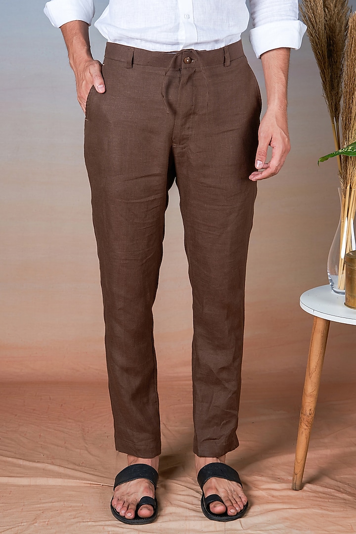 Brown Pure Linen Pants by House of Cultura