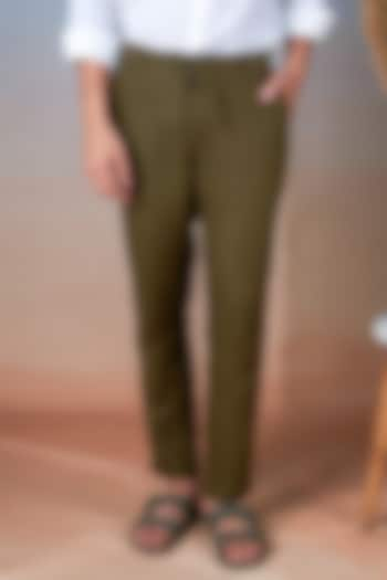 Olive Green Pure Linen Pants by House of Cultura at Pernia's Pop Up Shop