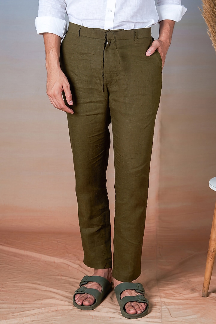 Olive Green Pure Linen Pants by House of Cultura