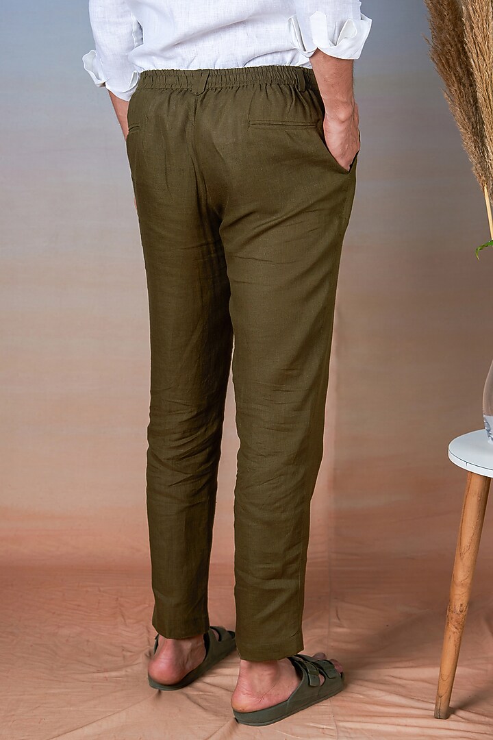 Olive Green Pure Linen Pants by House of Cultura at Pernia's Pop Up Shop