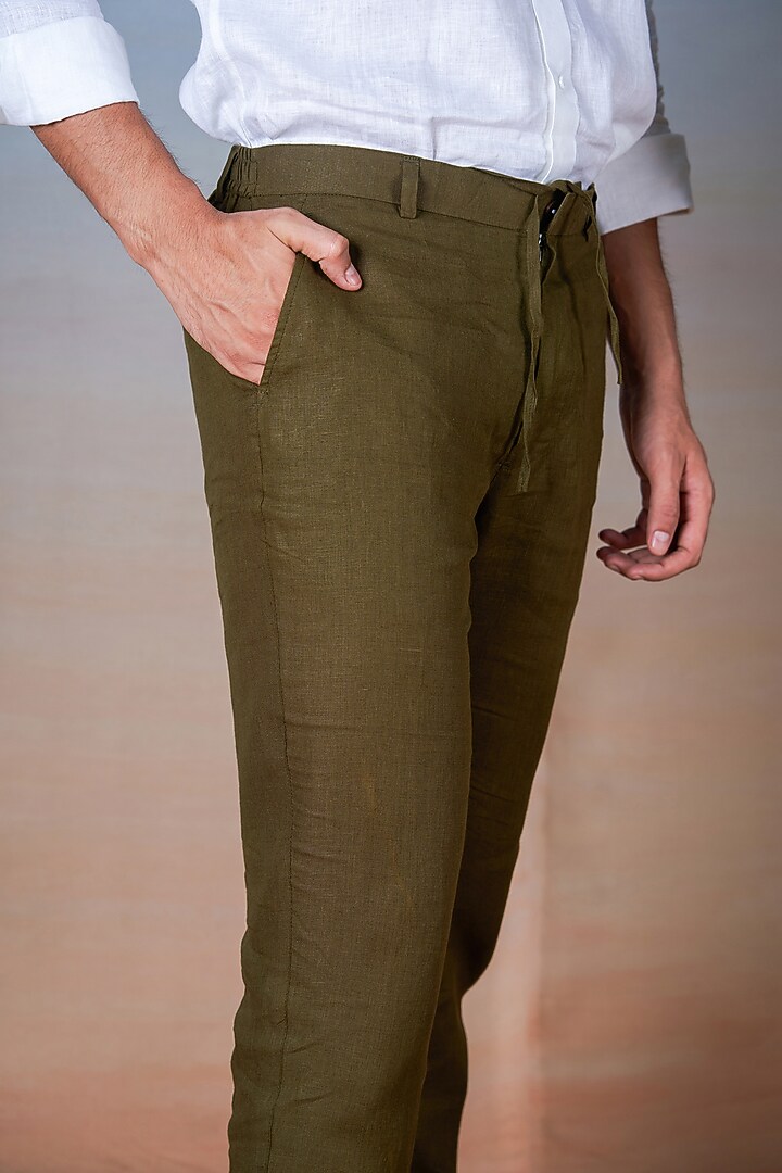Olive Green Pure Linen Pants by House of Cultura at Pernia's Pop Up Shop