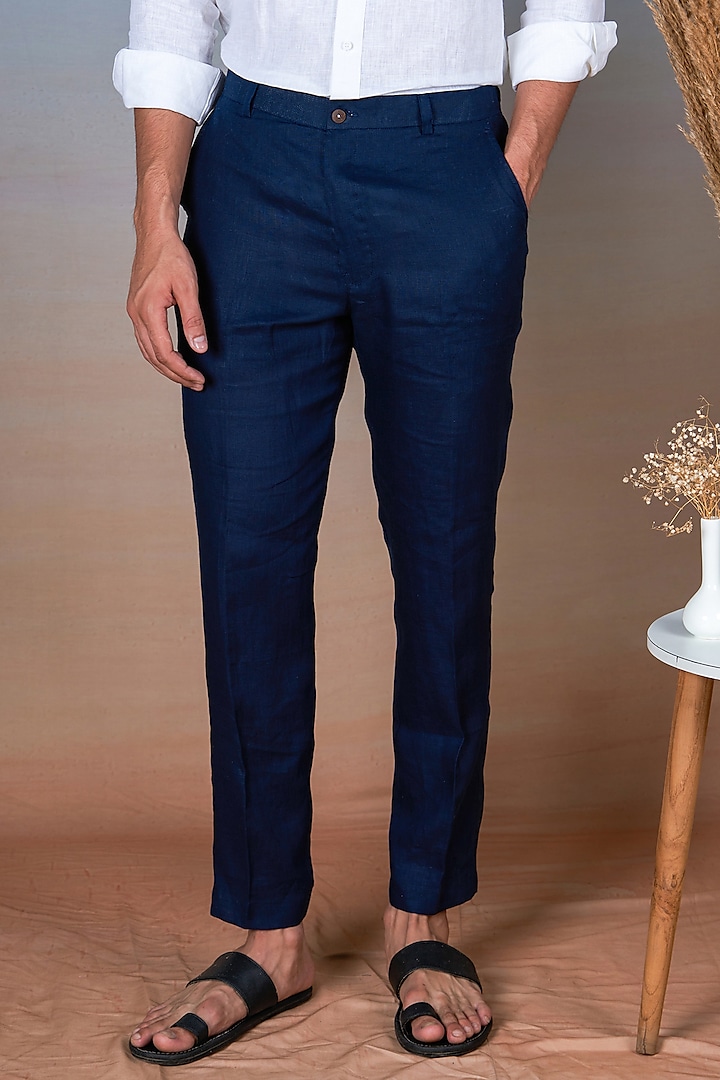 Navy Blue Pure Linen Pants by House of Cultura