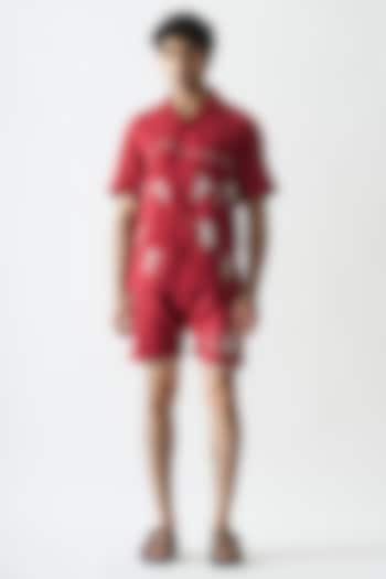 Maroon Pure Linen Hand Embroidered Co-Ord Set by House of Cultura