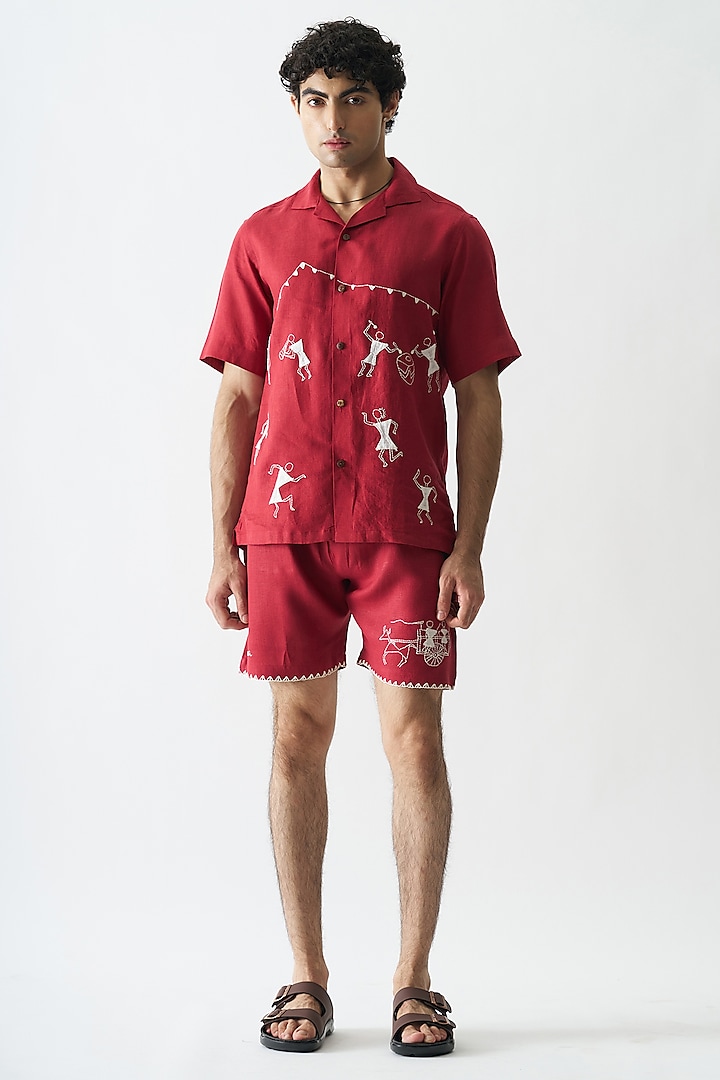 Maroon Pure Linen Hand Embroidered Co-Ord Set by House of Cultura