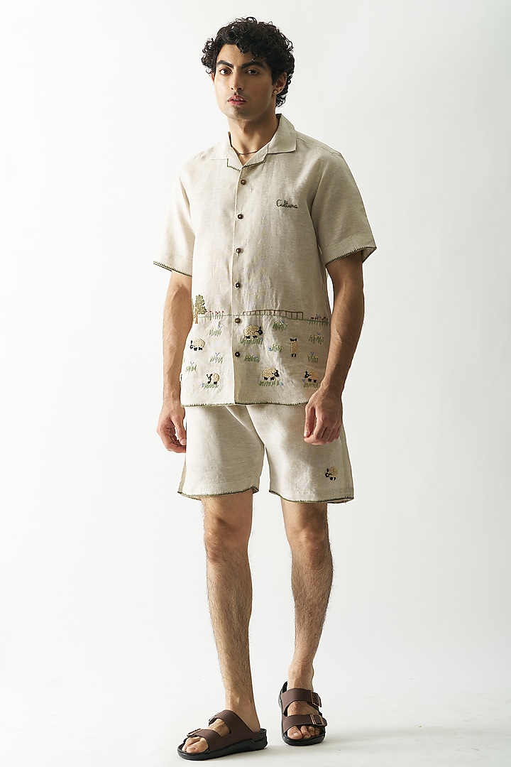 Beige Pure Linen Hand Embroidered Co-Ord Set by House of Cultura at Pernia's Pop Up Shop