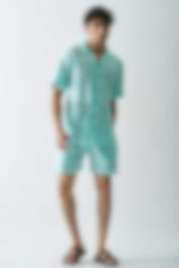 Aqua Blue Pure Linen Hand Embroidered Co-Ord Set by House of Cultura