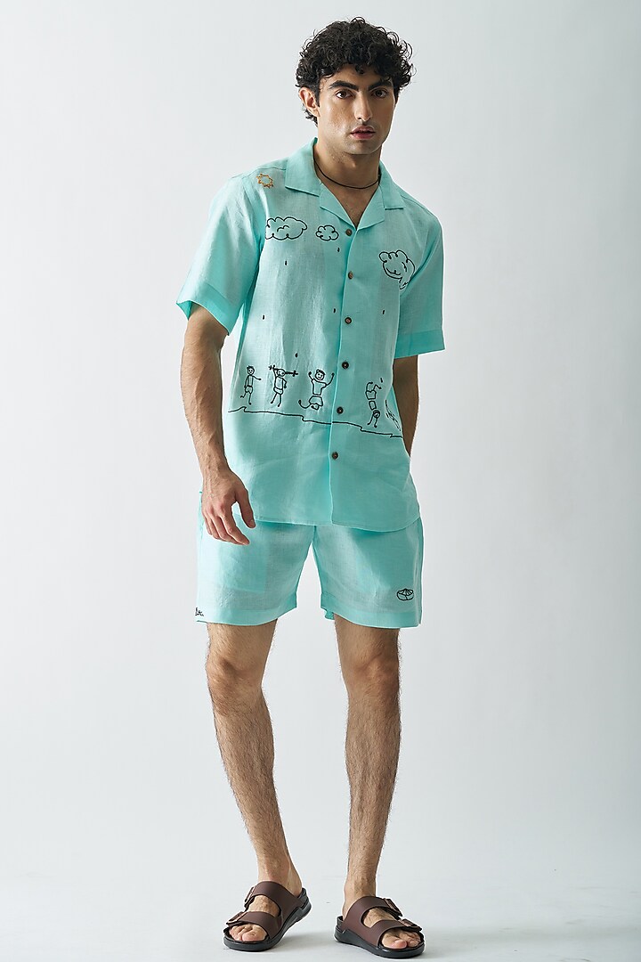 Aqua Blue Pure Linen Hand Embroidered Co-Ord Set by House of Cultura