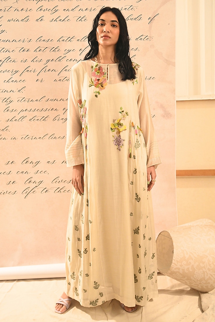 Ivory Handwoven Chanderi Floral Hand Embroidered Vacation Dress by Half Full Curve at Pernia's Pop Up Shop