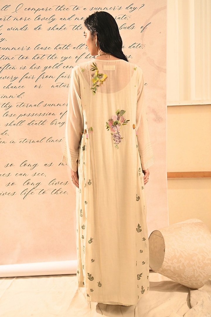Ivory Handwoven Chanderi Floral Hand Embroidered Vacation Dress by Half Full Curve at Pernia's Pop Up Shop