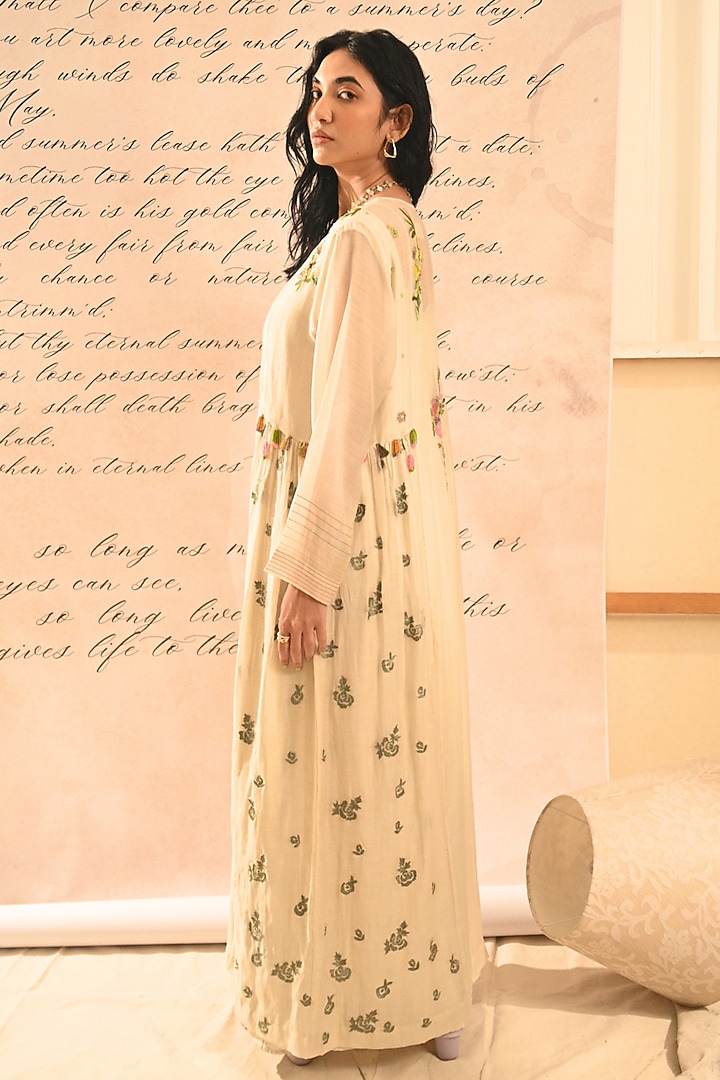 Ivory Handwoven Chanderi Floral Hand Embroidered Vacation Dress by Half Full Curve at Pernia's Pop Up Shop