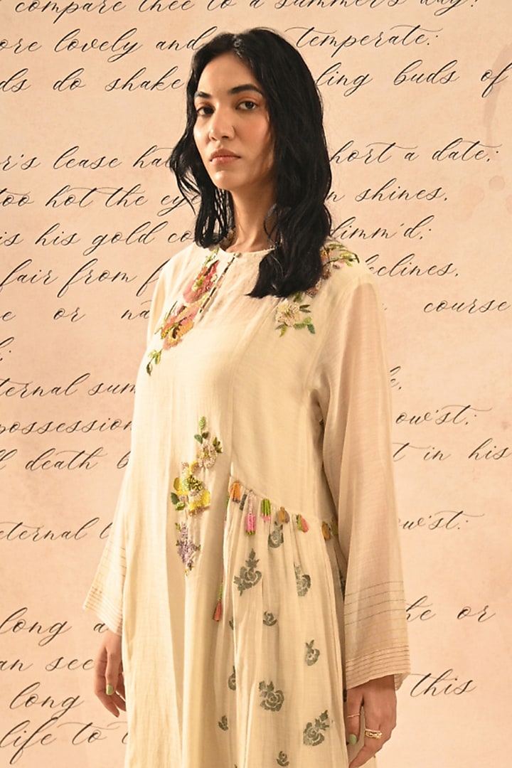 Ivory Handwoven Chanderi Floral Hand Embroidered Vacation Dress by Half Full Curve at Pernia's Pop Up Shop