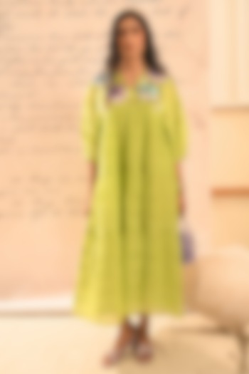 Lime Green Fine Chanderi Floral Hand Embroidered Vacation Dress by Half Full Curve at Pernia's Pop Up Shop