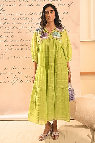 Lime Green Fine Chanderi Floral Hand Embroidered Dress by Half Full Curve