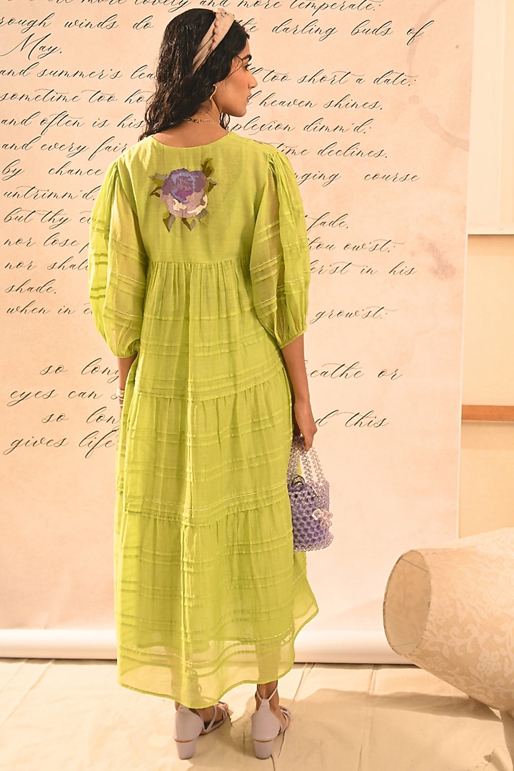 Lime Green Fine Chanderi Floral Hand Embroidered Vacation Dress by Half Full Curve at Pernia's Pop Up Shop