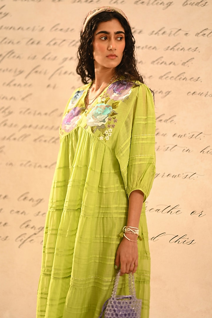 Lime Green Fine Chanderi Floral Hand Embroidered Vacation Dress by Half Full Curve at Pernia's Pop Up Shop