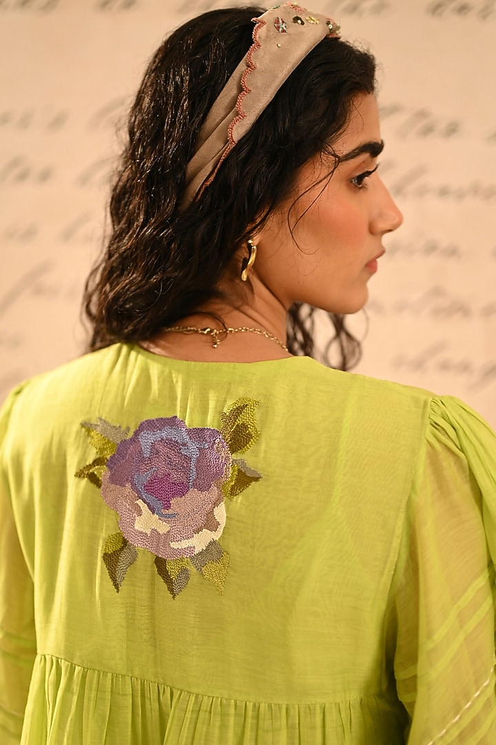 Lime Green Fine Chanderi Floral Hand Embroidered Vacation Dress by Half Full Curve at Pernia's Pop Up Shop