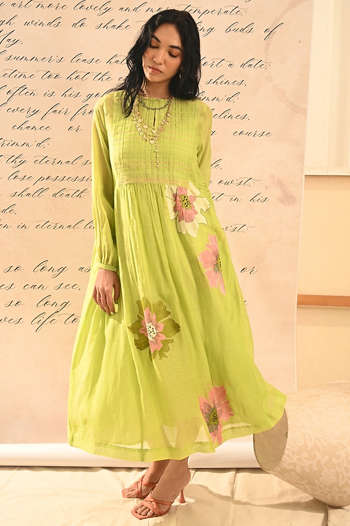 Green Chanderi Floral Embroidered Gathered Vacation Dress by Half Full Curve at Pernia's Pop Up Shop