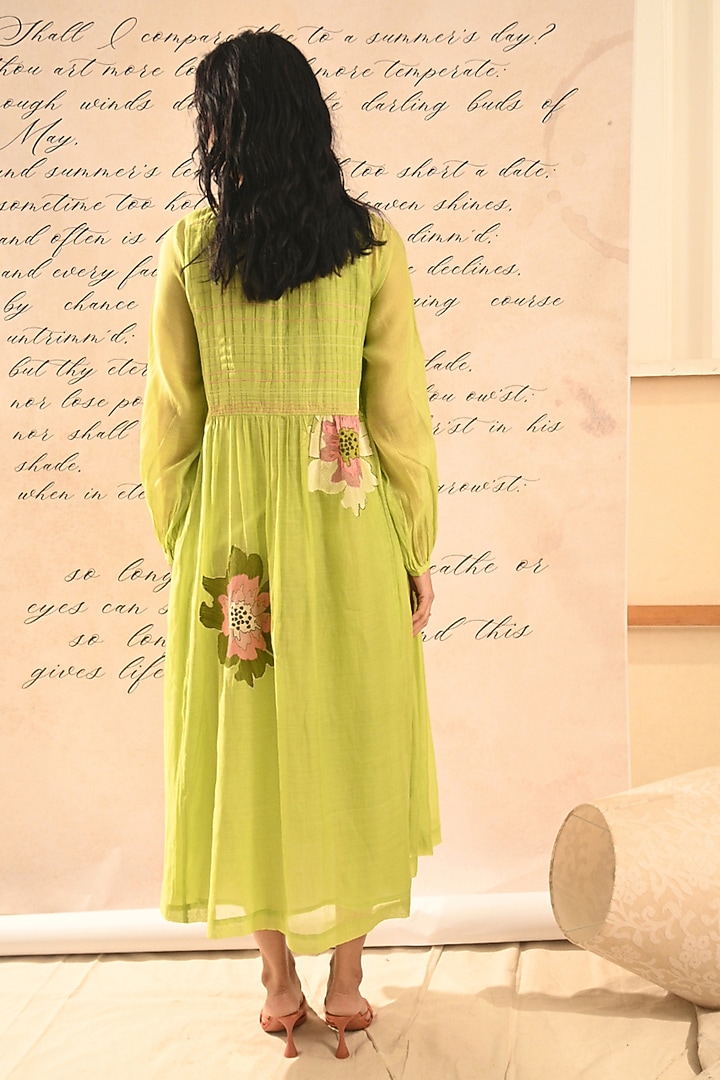 Green Chanderi Floral Embroidered Gathered Vacation Dress by Half Full Curve at Pernia's Pop Up Shop